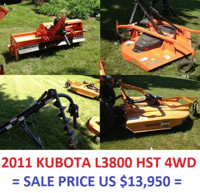 2011 KUBOTA L3800 HST 4WD loader, brush hog, mower, auger